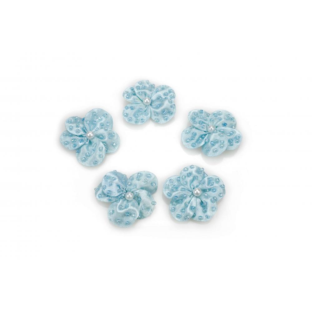 Kwiatki z niebieskiego atłasu APL076 30 mm z koralikami